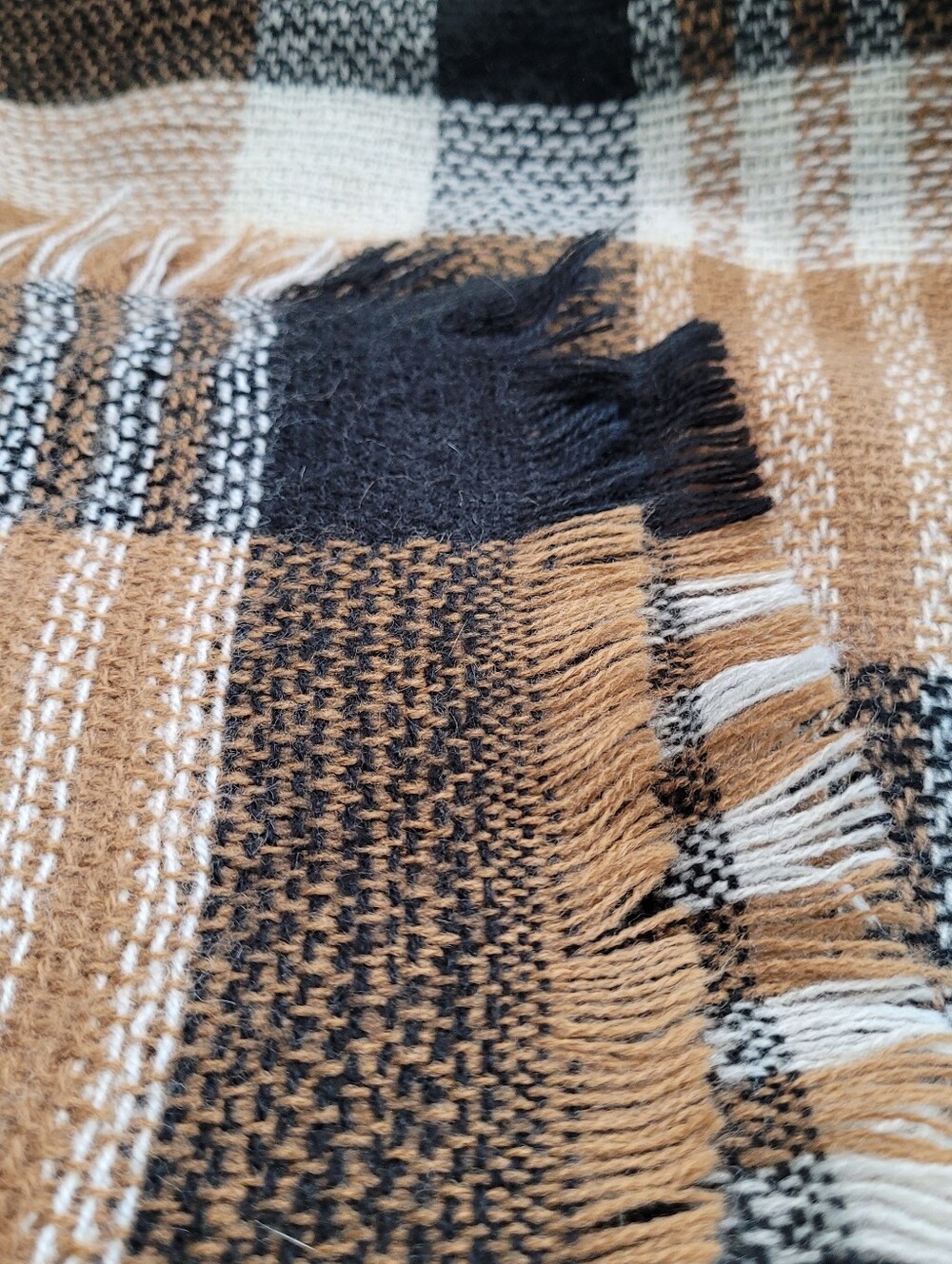 Cozy Plaid Fringe Blanket Scarf - Camel, Black & White 54x54 Like New